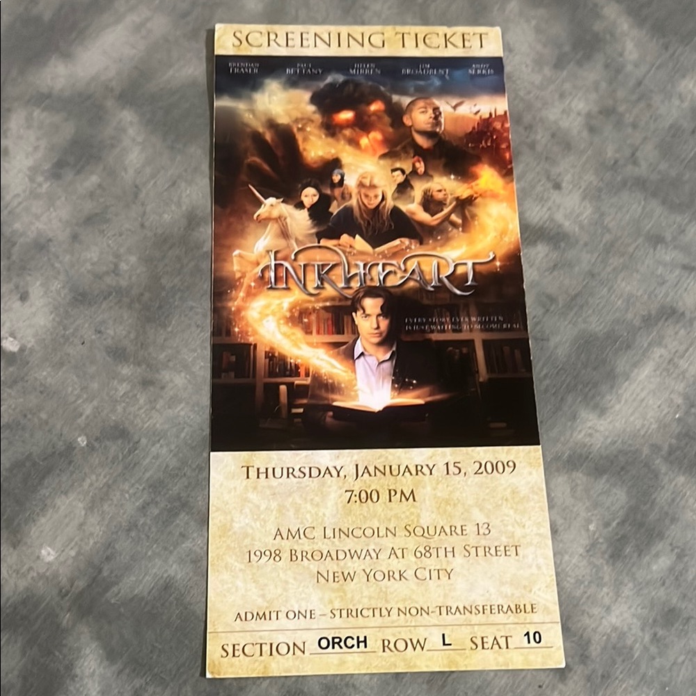 Ink Heart premire movie ticket 2009 Brendan Fraser 4 x 9